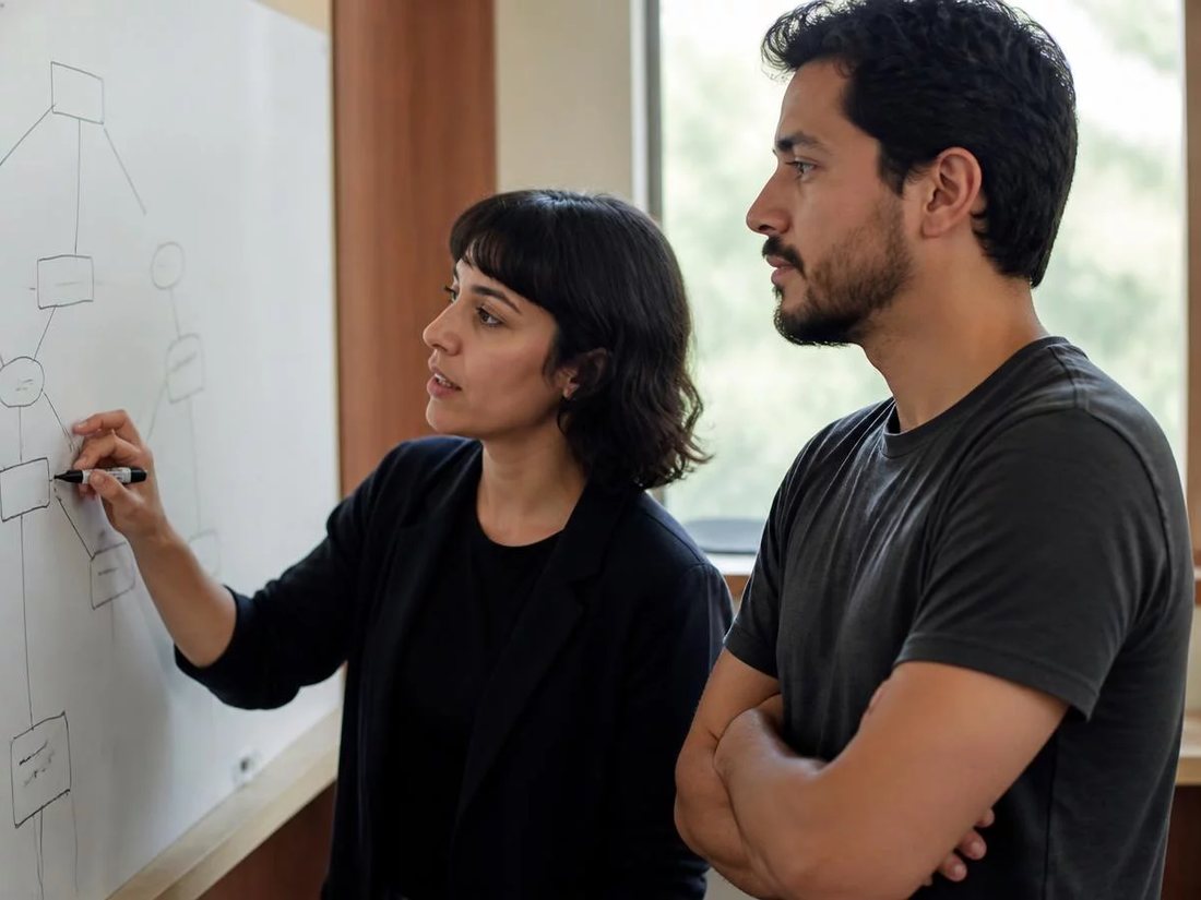 Dois alunos em pé diante do quadro branco, desenhando a ordem de um argumento