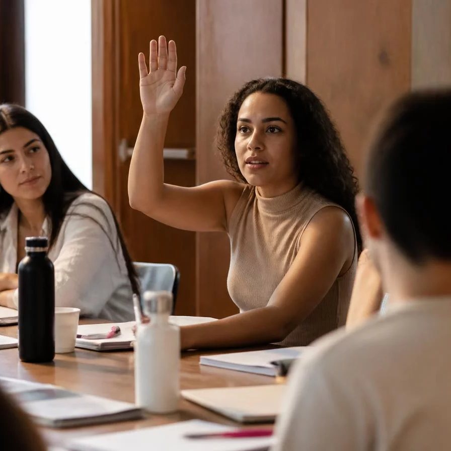 Roda de participantes; um deles repete em voz alta o argumento do colega antes de dar a resposta
